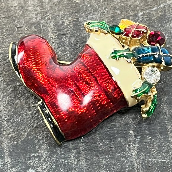 Vintage Jeweled Enamel Christmas Stocking Boot Gold tone Holiday Christmas - Picture 12 of 12